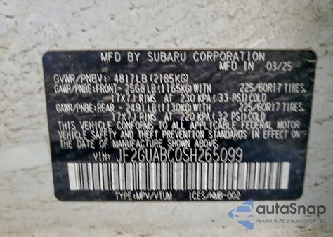 2025 Subaru Crosstrek из США, поврежденный, VIN JF2GUABC0SH265099